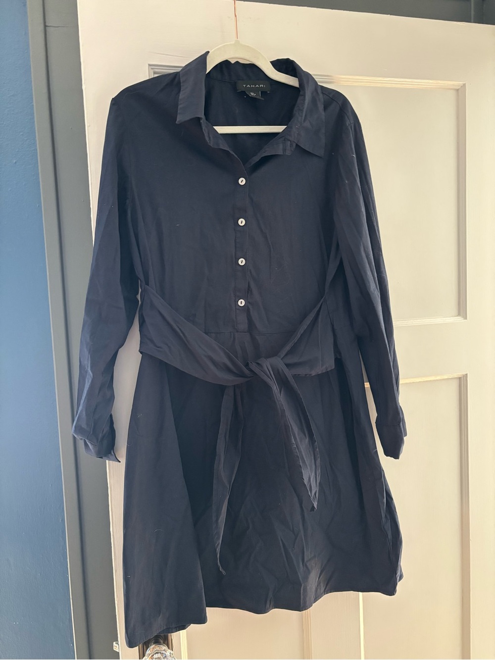 Tahari Navy Long-Sleeve Shirt Dress with Waist Tie